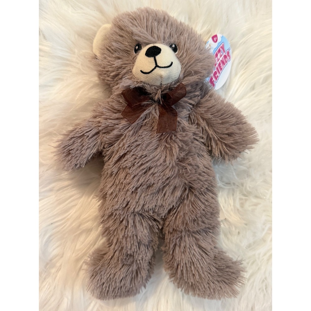 Fuzzy Friends Plush Teddy Bear Taupe Brown Shaggy Fur Brown Bow 366153 NWT